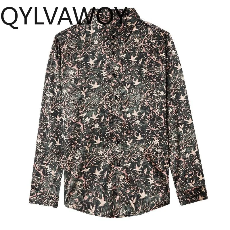 

QYLVAWOY New Spring Autumn Men's Shirts 92.4% Real Mulberry Silk Shirts Floral Long Sleeves Tops Clothes for Man Business Casual