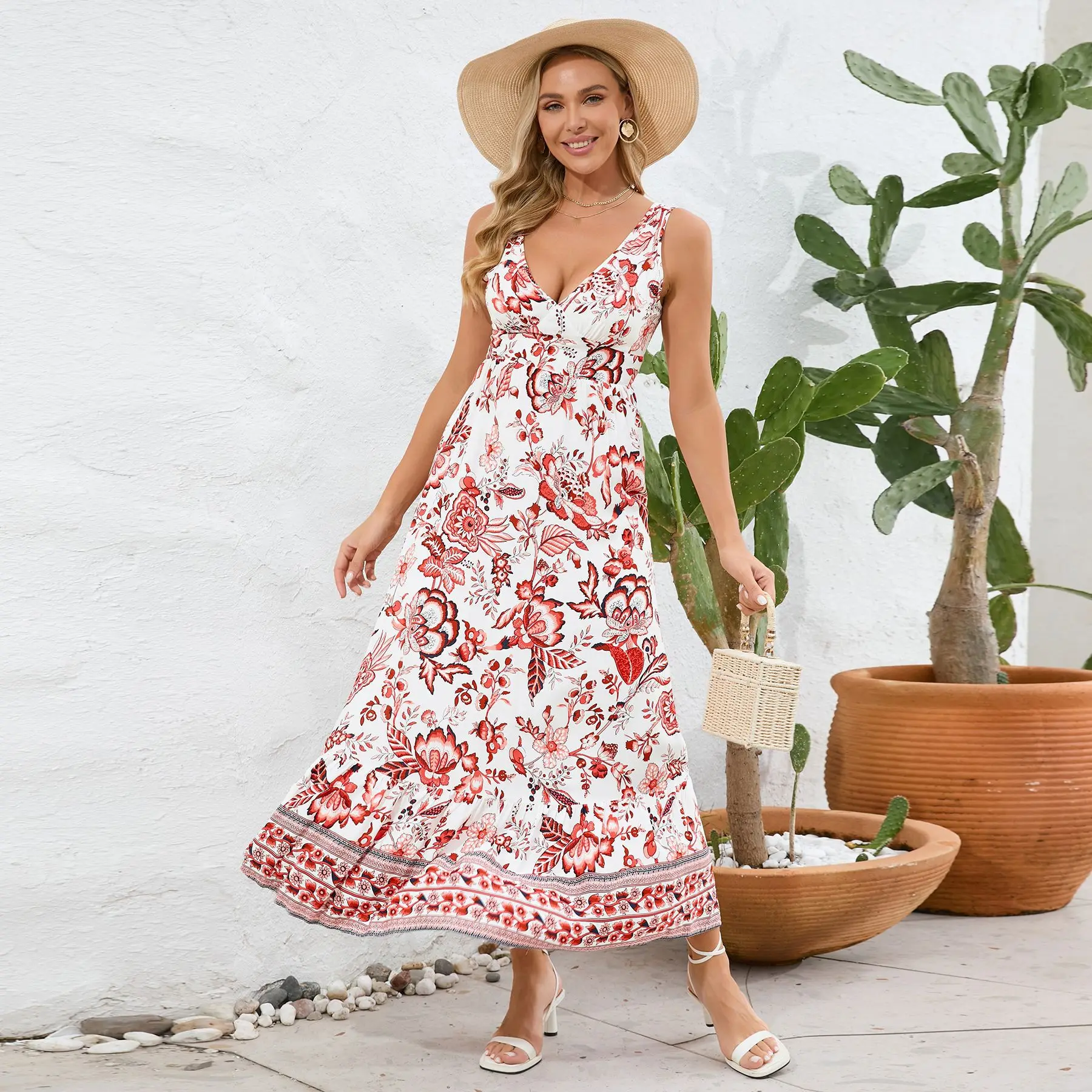 

Sexy V-Neck Slim Dress 2024 Summer Women's Floral Dress Retro Printed Long Dress