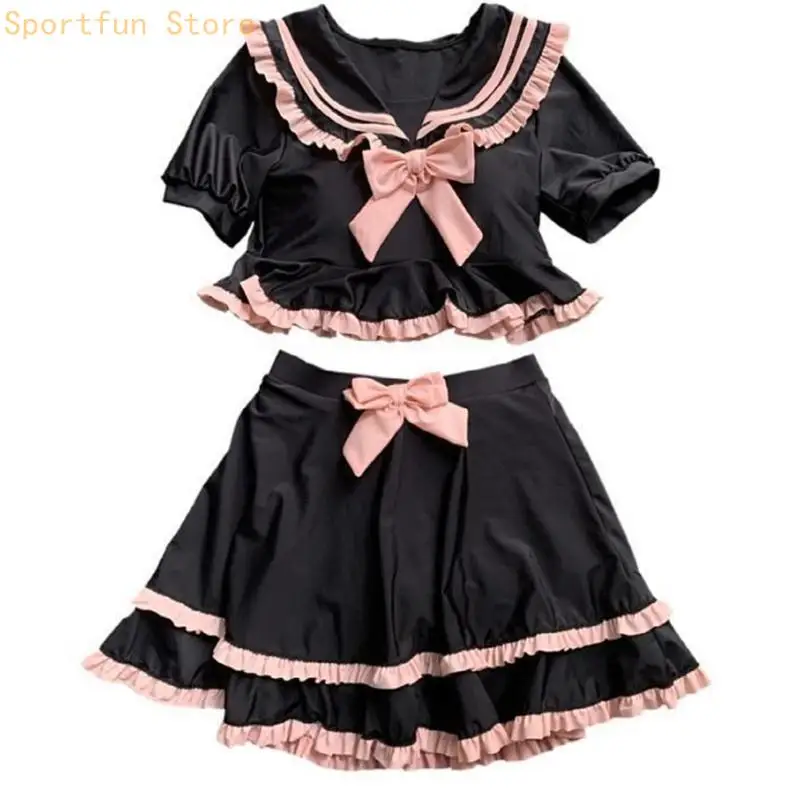 Stylish Bathing Suit for School Girl Bows Swimwear Two Pcs Split Swimsuit Swimming Costume Set Ruffle Swimwear X7JD