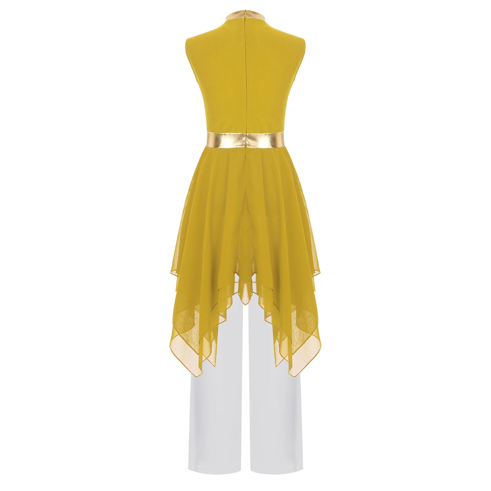 أطفال فتاة العبادة الثناء الرقص الزي لامع التباين اللون أكمام غير المتكافئة هيم فستان + بنطال ذو قصة أرجل واسعة لأحداث الكنيسة