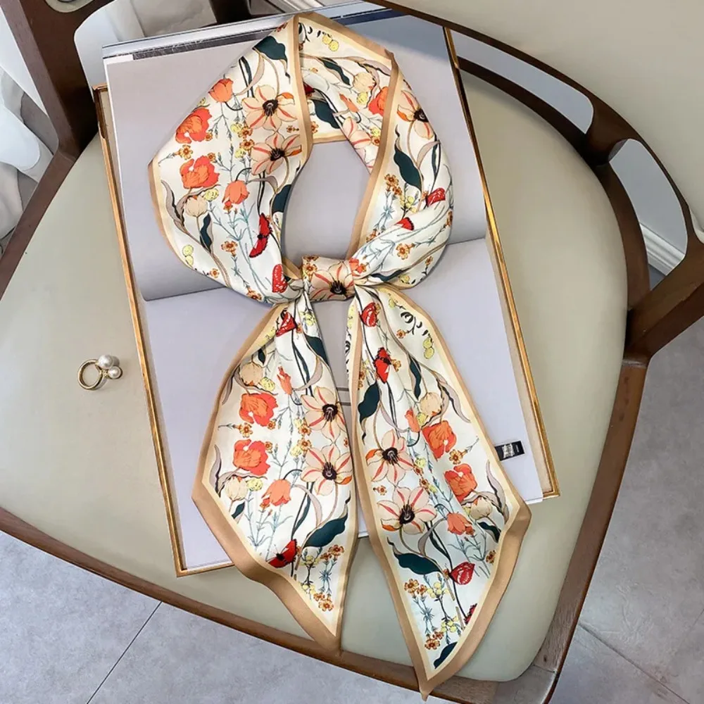 2024 Fashion Silk Scarf for Women Narrow Long Wrist Small Ribbon Hair Band Scarves Foulard  Female Floral Print Kerchief