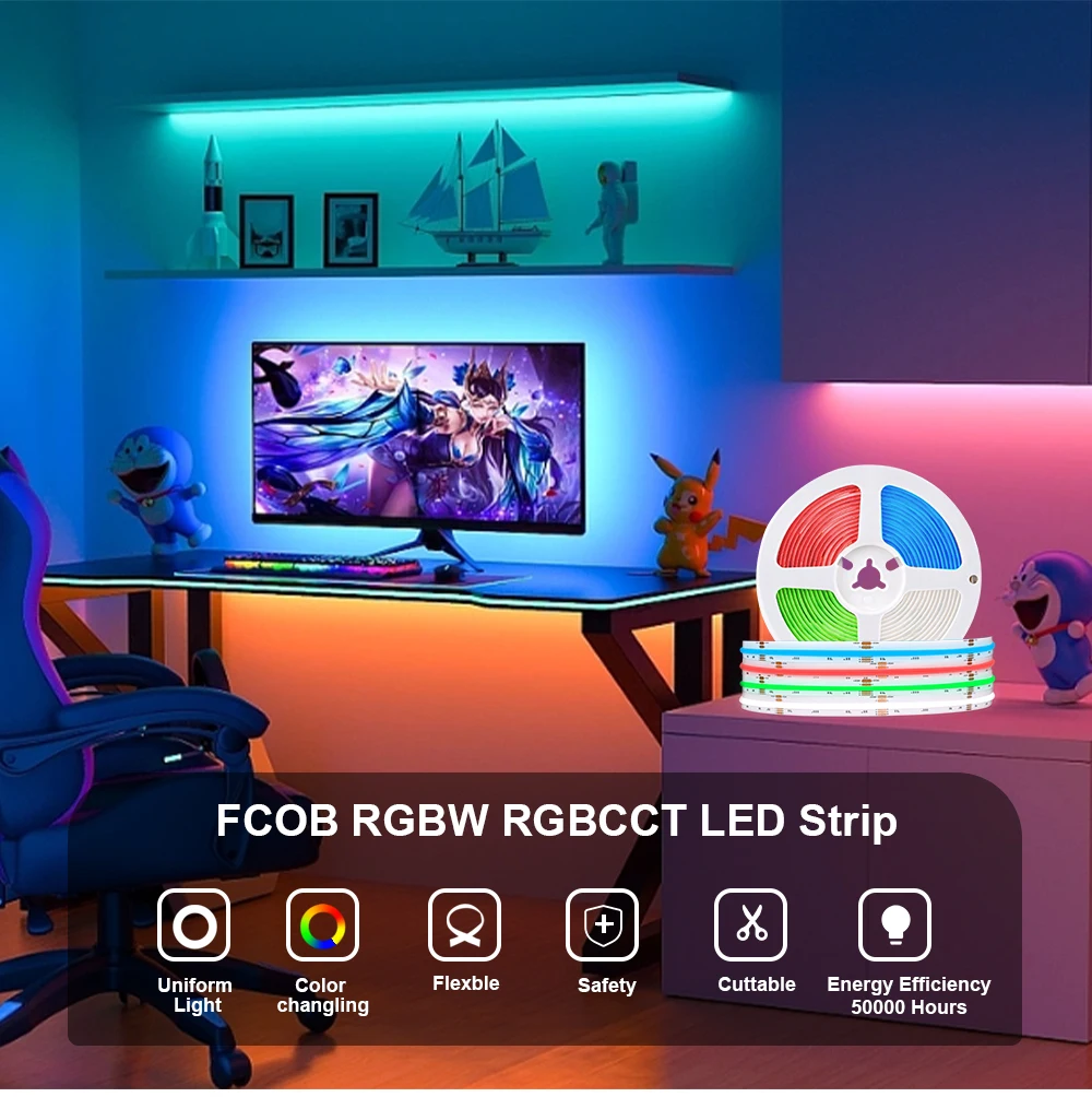 RGBW RGBCCT COB LED-Streifenlicht 896/960LEDs/m Flexibles, hochhelles, dimmbares LED-Band RA90 FCOB RGB+CCT Bandlicht DC12V 24V – Detail 1
