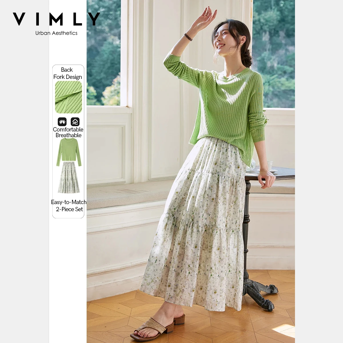 VIMLY Green Pullover Skirt Two-piece Set Women Back Slit Knit Pullovers Long Holiday Floral Skirts Elegant Matching Outfit A0233