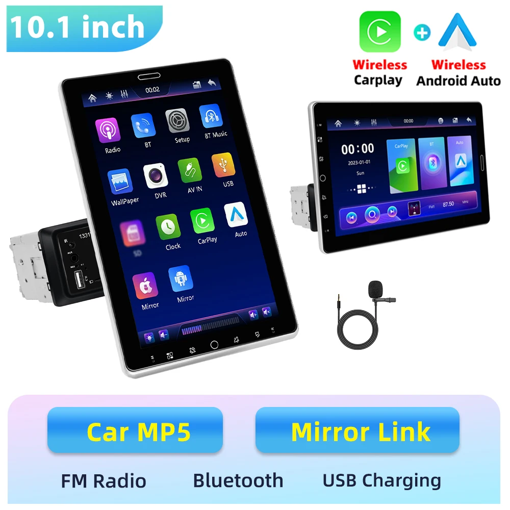 Podofo 1Din 10.1'' autoradio met Carplay, Android Auto, Mirror Link, GPS navigatie, universele multimediaspeler met BT, FM radio, TF, USB en EQ