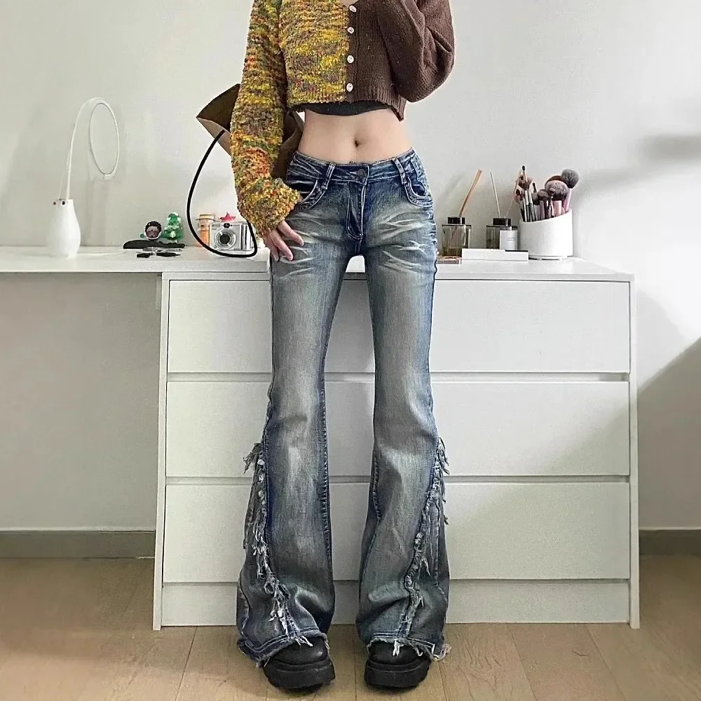 

Retro American Y2K Flared Denim Jeans Women's Elastic Frayed Edge Slimming Long Pants Sexy Girl Design Sense Loose Fit Jeans