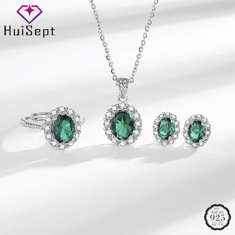 

HuiSept Elegant 925 Silver Jewelry Sets Ring Stud Earrings Necklace with Emerald Zircon Gemstone Accessories for Women Wedding