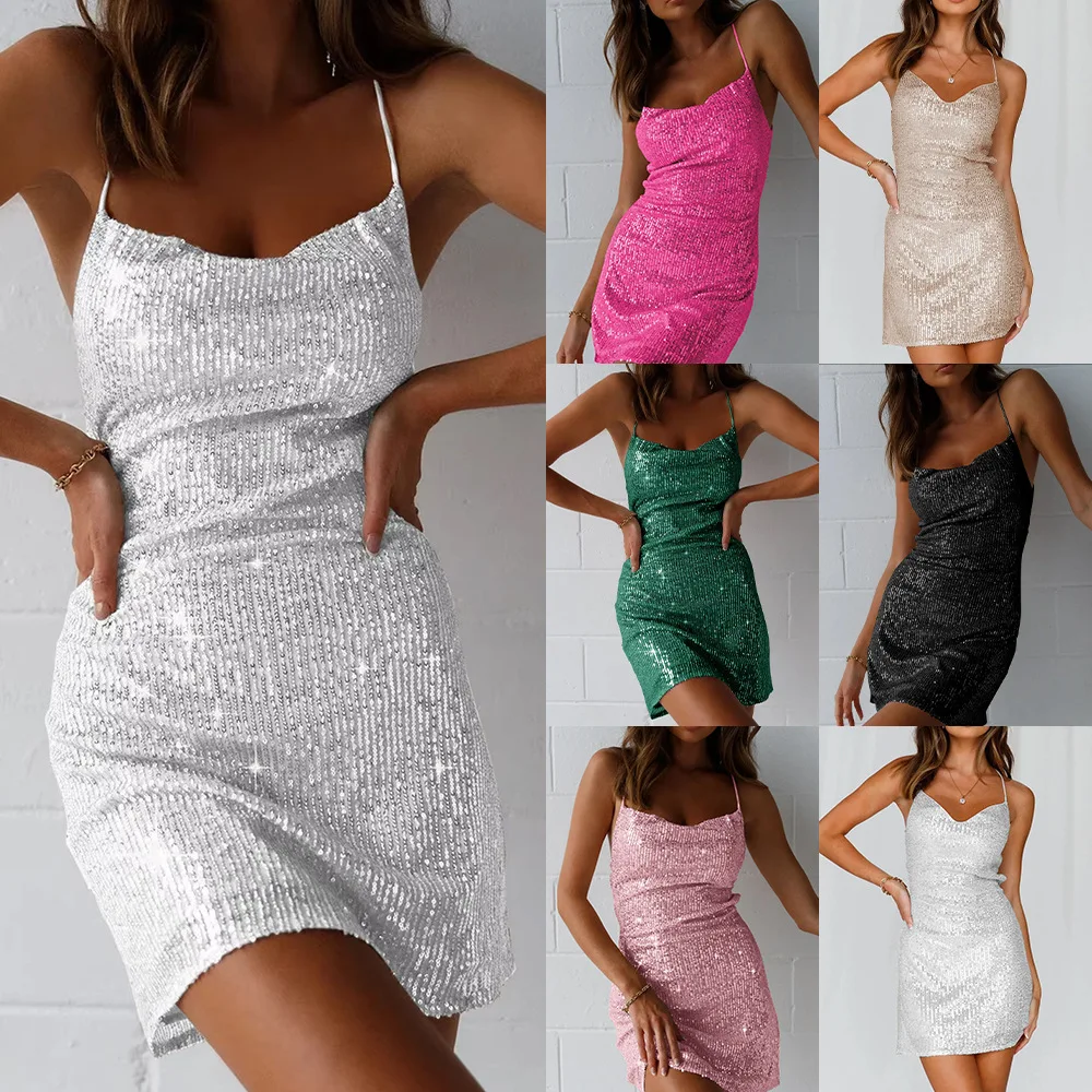 

Women's Summer Sexy Mini Skirt Sequin Sexy Backless Slim Fit Suspender Dress Glitter Party Night Club Dresses