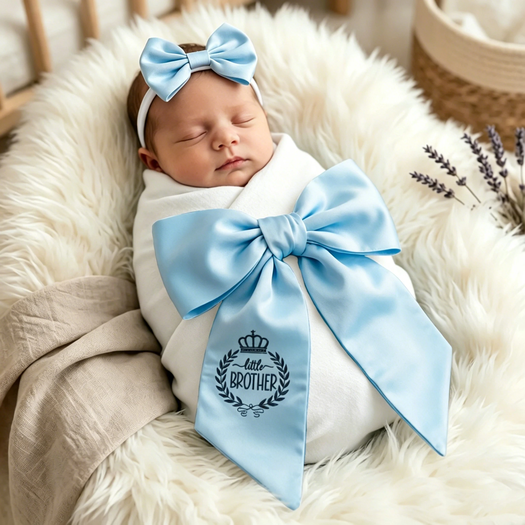 Ylsteed Newborn Swaddle Blanket Set with Bow Headband, Satin Bow Embroidered Baby Wrap for Photography Coming Home Outfit-HD