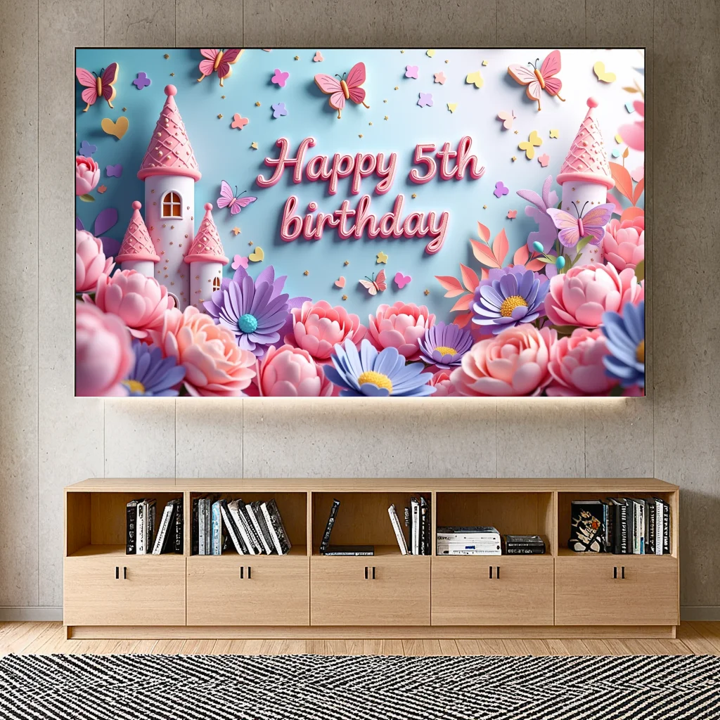 Floral Birthday banner Fun Customizable Lightweight Castle scene Engaging Backdrop for Party