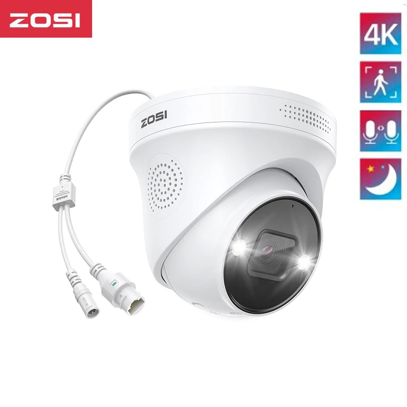 ZOSI-POE Câmera IP com Visão Noturna Colorida AI, Segurança Doméstica, Vigilância por Vídeo ao Ar Livre, WiFi, Grande Angular, Áudio CCTV, 3.7mm, 5MP