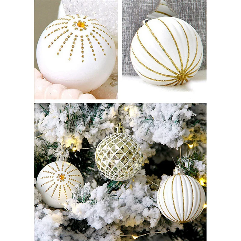 30 STKS Kerstballen, 60 MM Goud & Wit Geschilderd Onbreekbaar Feestelijke Bruiloft Hangende Ornamenten Kerstbomen Decoratie