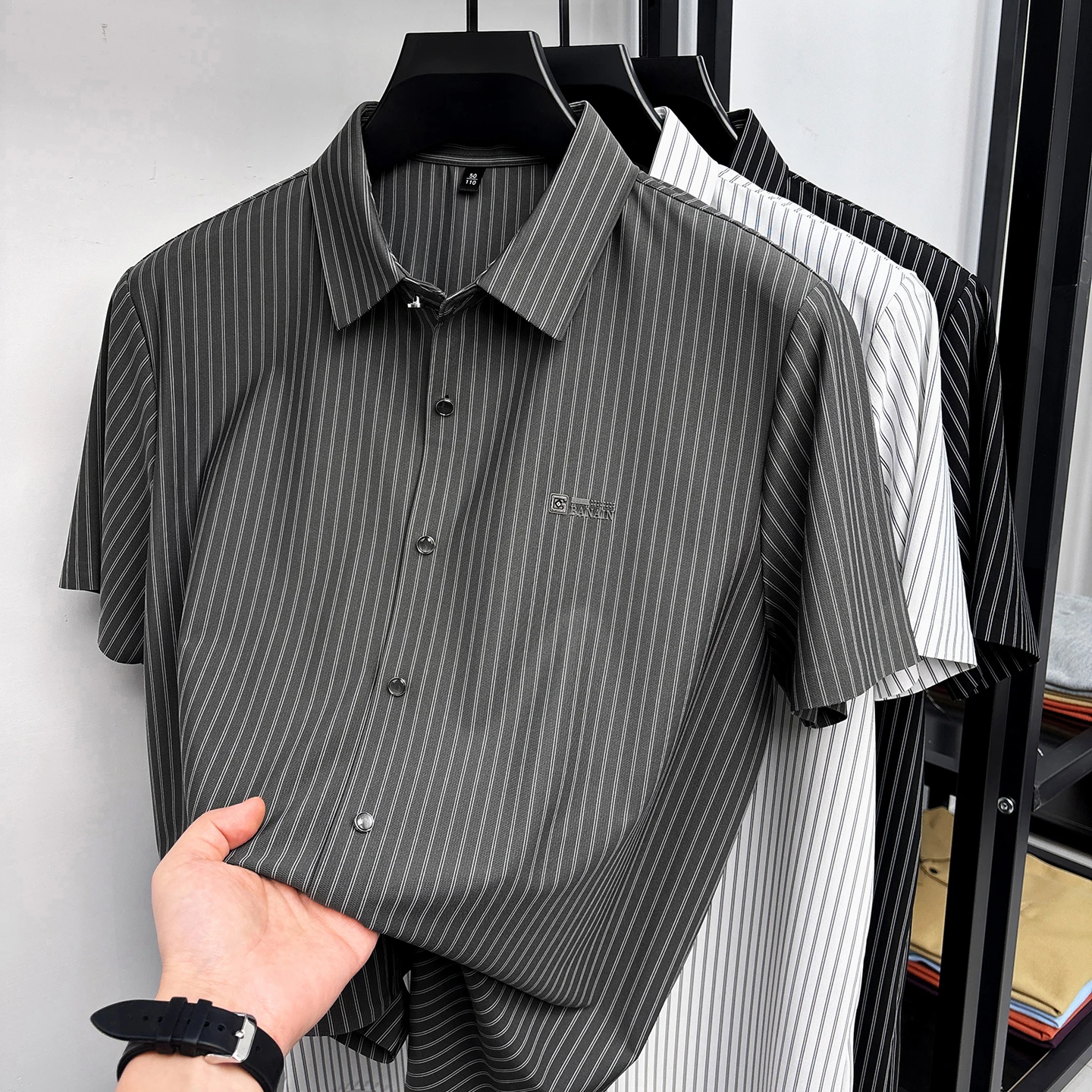 High quality and fashionable summer new style ice striped shirt short sleeved men's simple casual trendy style