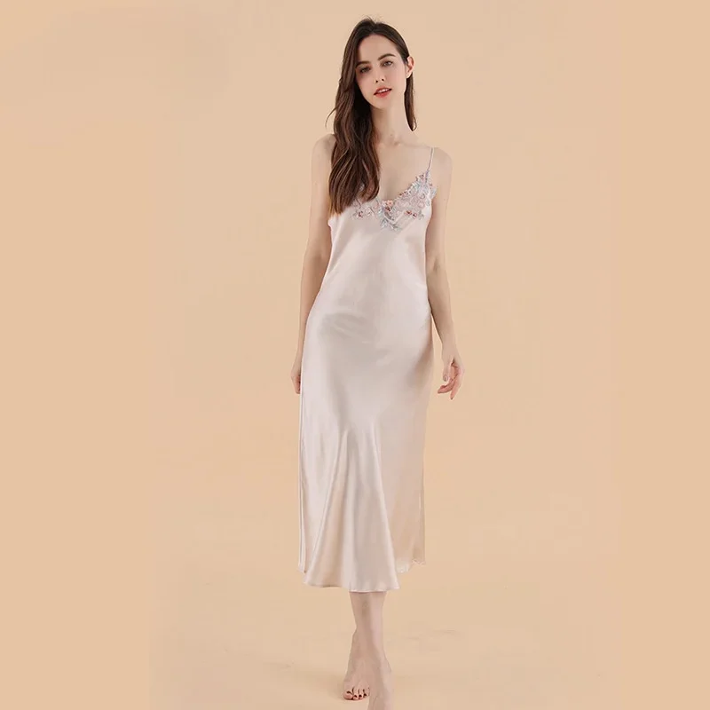 

Lace Trim Sexy Silk Slip Dress for Women 100% Mulberry Silk Spaghetti Strap Nightgown V-Neck Camisole Long Nightdress Sleepwear