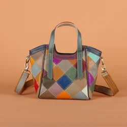 Plaid colorato contrasto casuale vera pelle di vacchetta cucitura cintura a mano casual piccola borsa borsa da donna borsa a tracolla