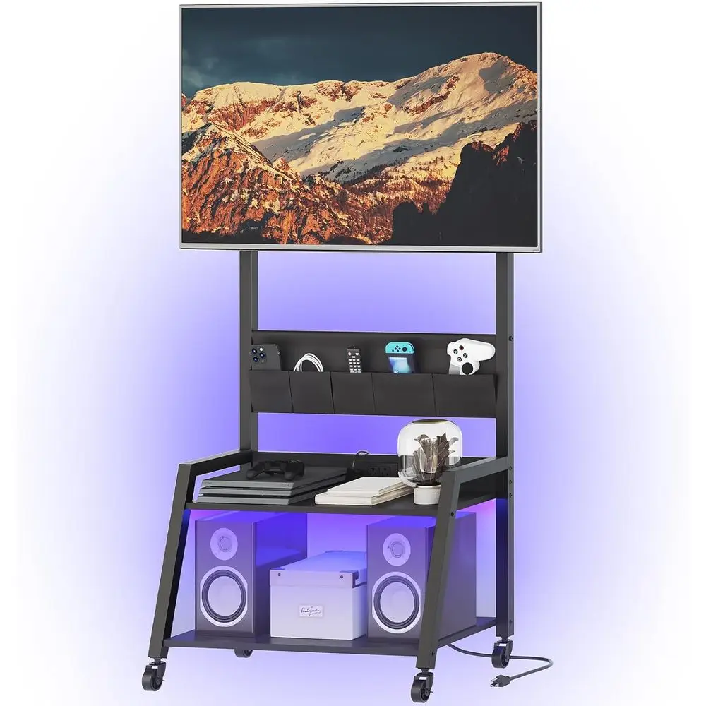 

Rolling TV Stand with Power Outlet, Mobile LED Light Stand for TVs up to 55, Cart with Mount, 5 Oxford Fabric Pouches, Ideal for