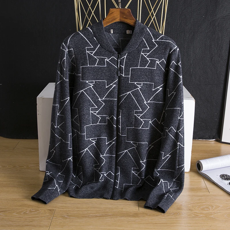 

Quali Knitted Geometric Print Casual Long Sve Stand Collar Men's Sweater Youthful Sle Autumn Wear Comfortable Fit