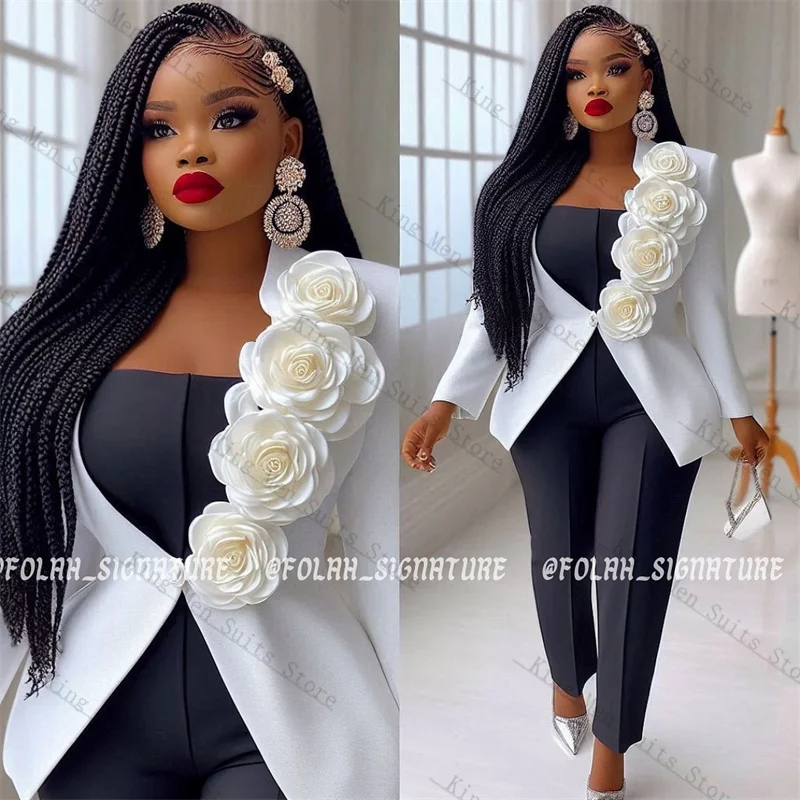

White Black Women Suit Set 3 Pieces Top+Blazer+Pants Trousers 3D Flower Customized Formal Office Lady Jacket Wedding Prom Coat