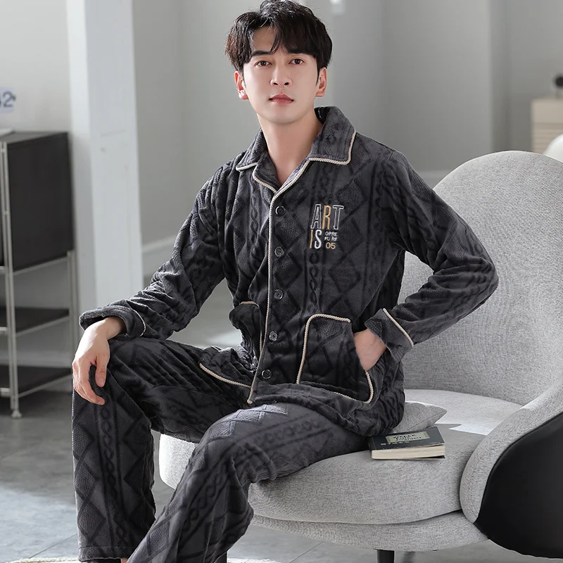 Flannel Pajama Sets Men Winter Men\'s Pajamas Thick Warm Lounge Set Fashion Letter Embroidery Male Pijama Casual Loungewear 3XL