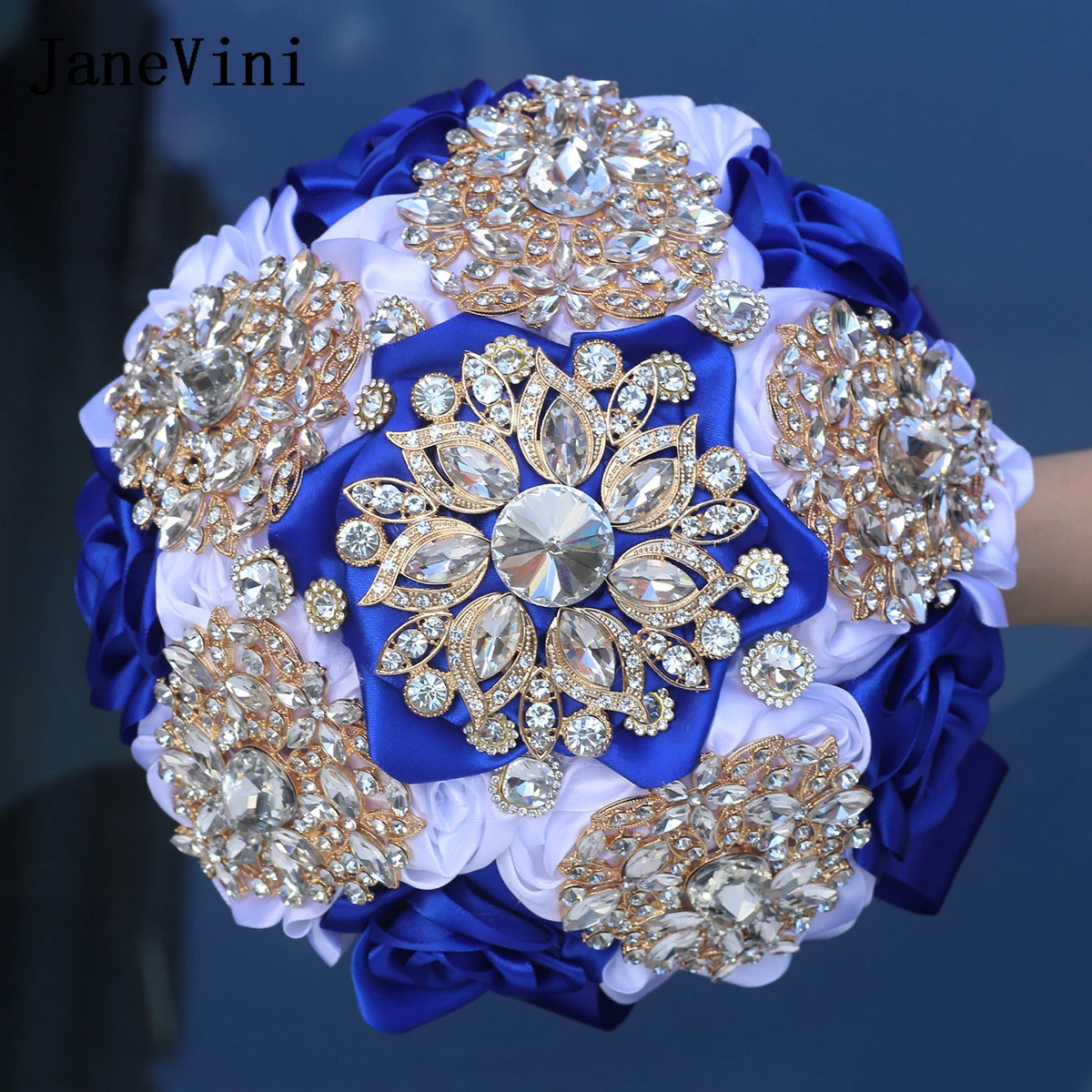 

JaneVini Royal Blue White Satin Rose Flower Wedding Quinceanera Bouquet with Rhinestones Handmade Round Bouquets for Bride Decor