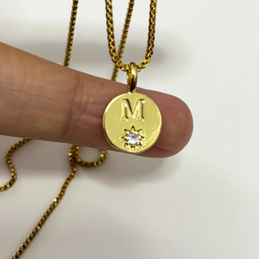 Cute Copper Zircon Capital Letter Carved Pendant Necklace Vintage Gold Color Glossy Round Charm Box Chain Collars Accessories