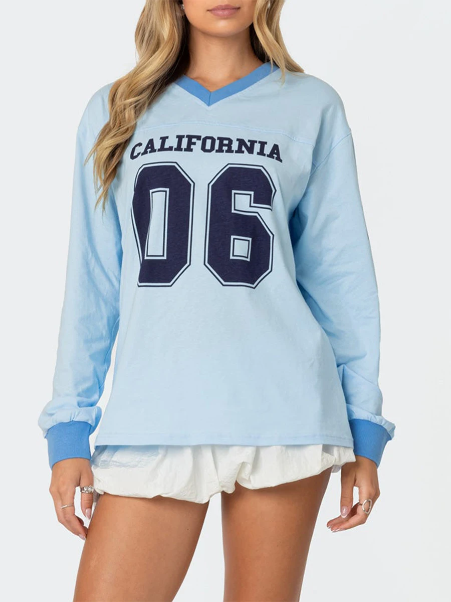 

Women s Oversized Sweatshirt Number Letter Print Long Sleeve V-Neck Casual Pullover Tops