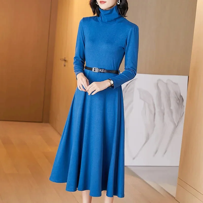 

Spring Winter High-Neck Dress Female Long Sleeves 2022 New Waist Lace-up Long Slim-fit Skirt Women Solid Color Commuter Lace-up