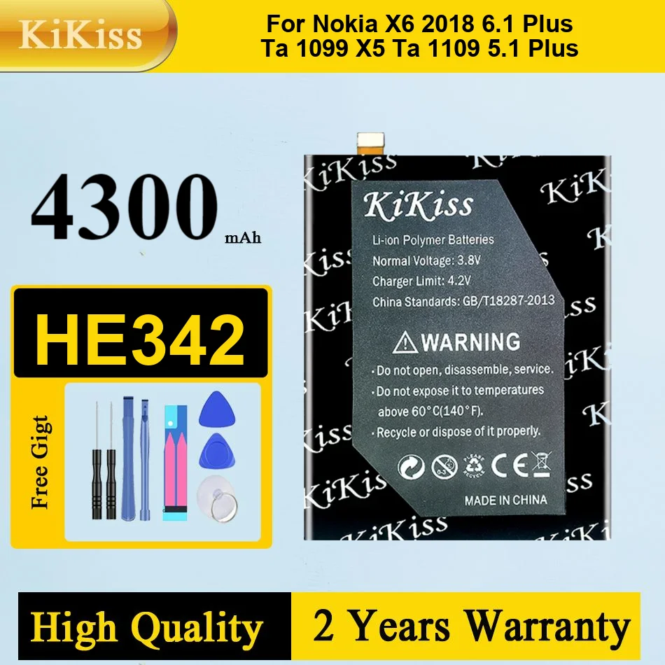 

Мощный аккумулятор KiKiss, 4300 мАч HE 342 HE-342 HE342 для Nokia X6 2018/5.1 Plus/6.1 Plus 2018 TA-1099 X5 TA-1109, аккумуляторы + инструмент