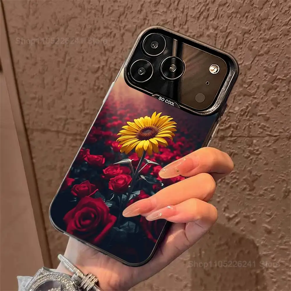 Botanische kunst zonnebloem telefoon voor iPhone 14,17,13,12,11,16,15, Mini, Pro, SE, XS, MAX, zwart mat siliconen beschermhoes