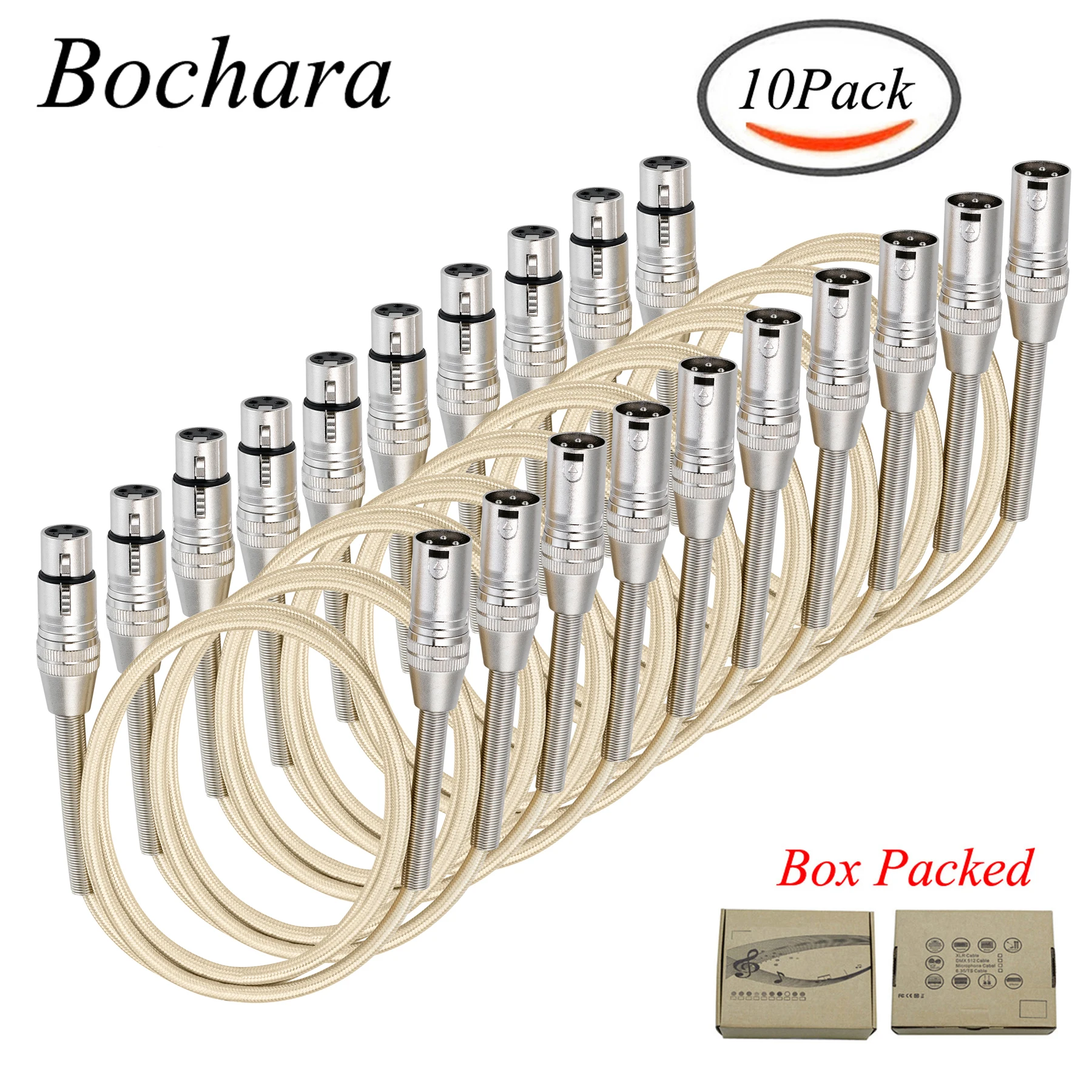 Bochara Gold Braided XLR Cable Male to Female M/F Dual Shielded With Spring Protection For Microphone Amplifier Mixer 10Pack