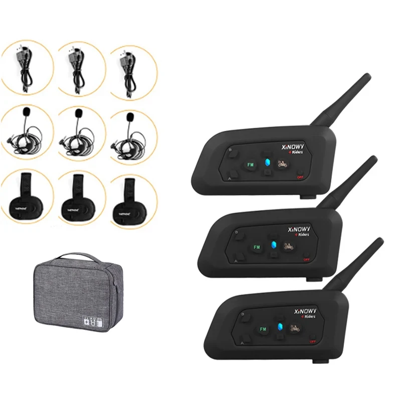 3-Pack XINOWY V4c Motorcycle Bluetooth 1200m Waterproof Full Duplex Communication System 4-Person Intercom Headset Hand