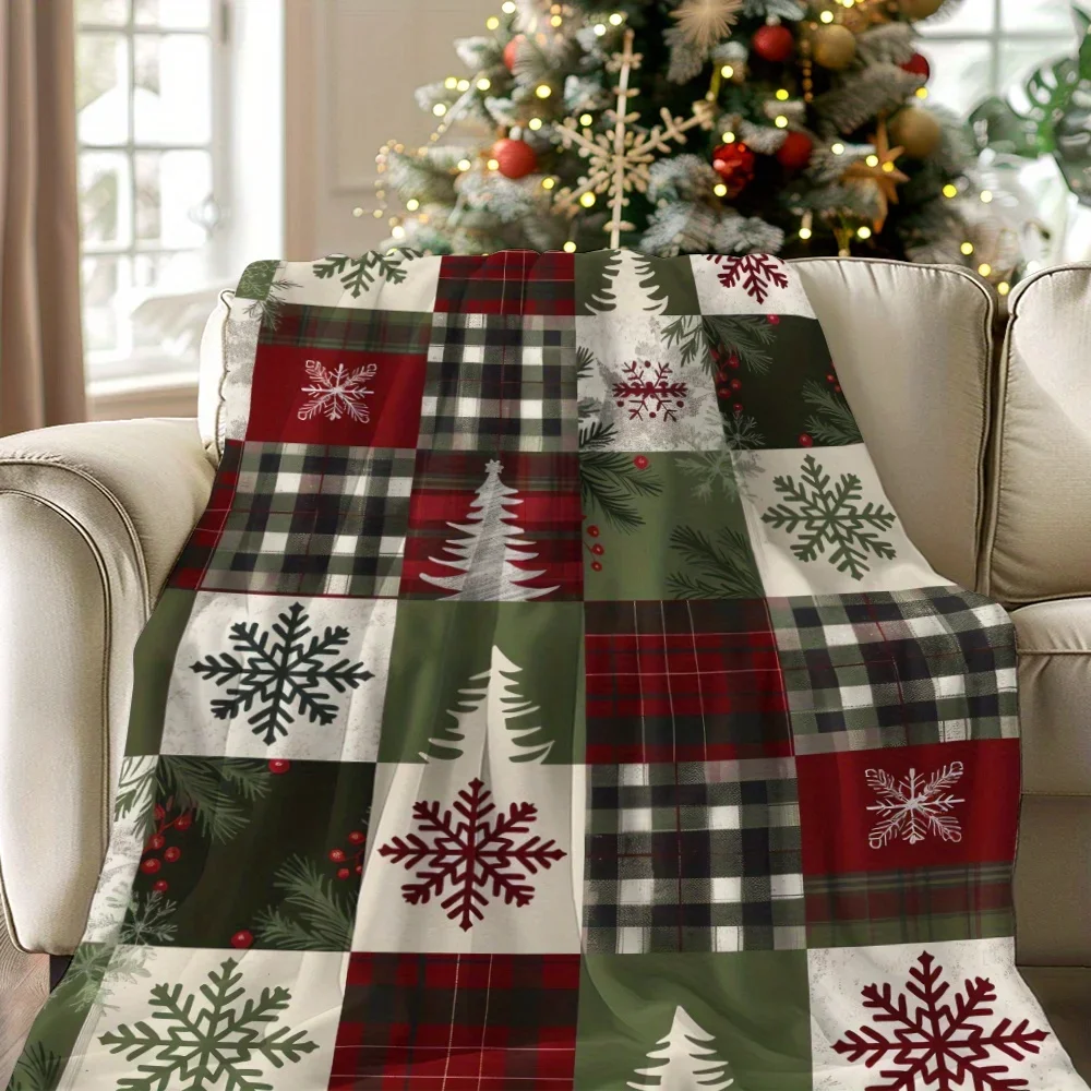 1 Stück Weihnachts-Patchwork-Überwurf mit roter und grüner Schneeflocke/Tartan-Quadrate, gemütliche Flanelldecke für Sofadekoration
