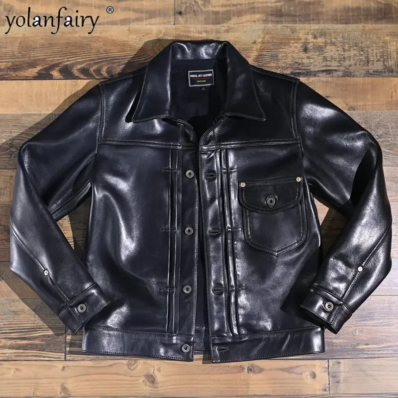 Vintage Mens Leather Jacket Spring Autumn New Vegetable Tanned Thick Sheepskin Coat Male Slim Genuine Leather Coat Men Clothing