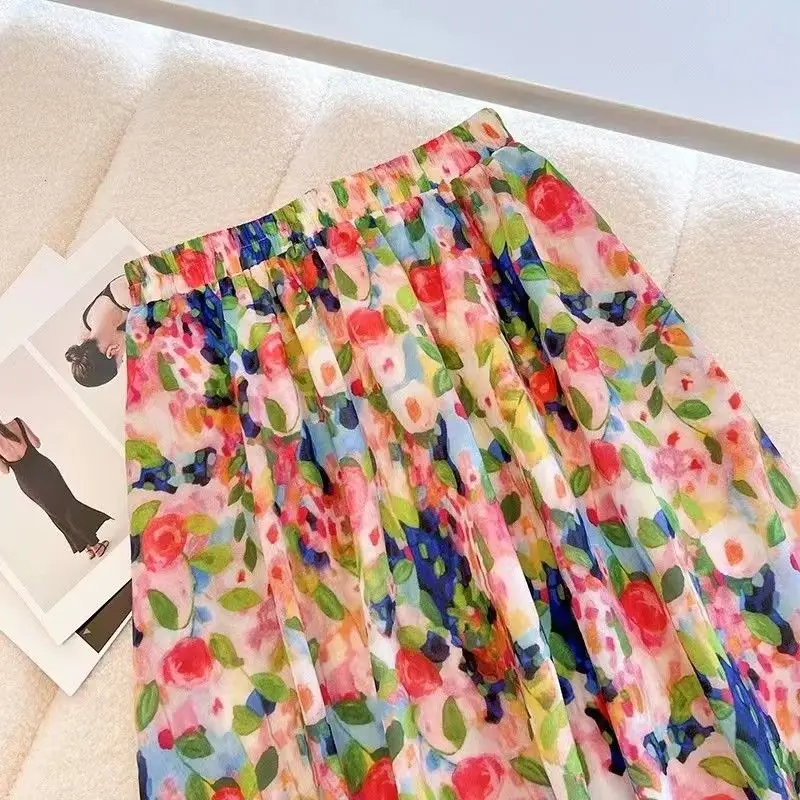 New Chinese Style Oil Painting Style Prints to Make Women Slim 2025 Summer Versatile High Waist Mid-length A-line Skirt
