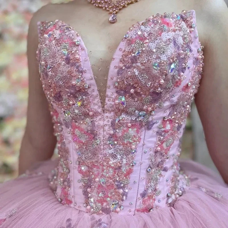 Quinceanera rosa vestidos com brilhante cristal Beading, Tribunal trem, vestidos de baile formais, meninas aniversário vestidos de festa, 2024