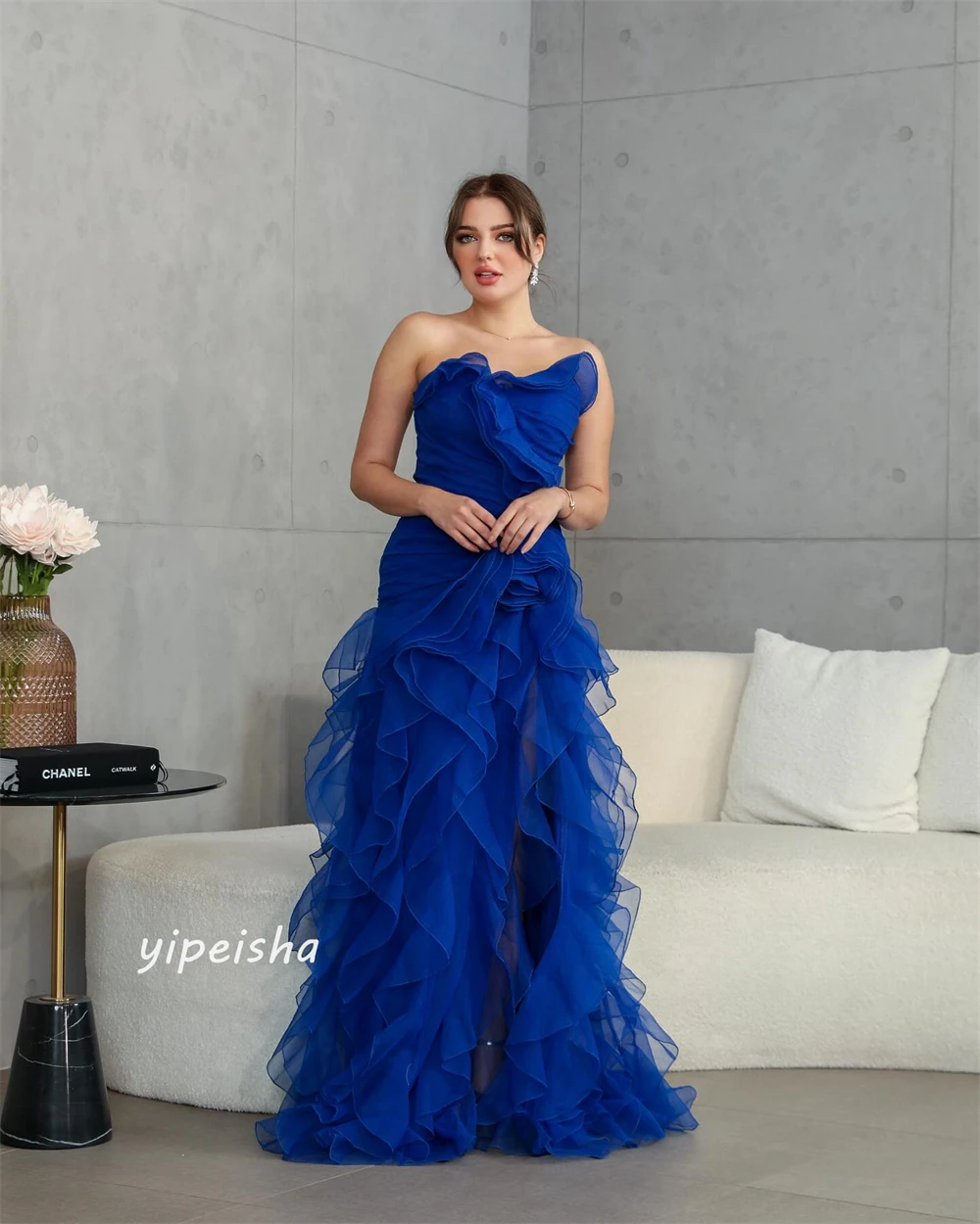 Organza Draped Pleat Ruched Homecoming A-line Strapless Bespoke Occasion Gown Long Dresses