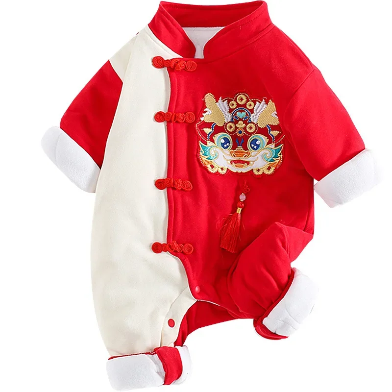 Winter verdicken Jungen Mädchen Baby rot niedlichen Kinder Overall Drachen Vollmond Neugeborenen chinesischen Neujahr tragen Tang Anzug Stram pler