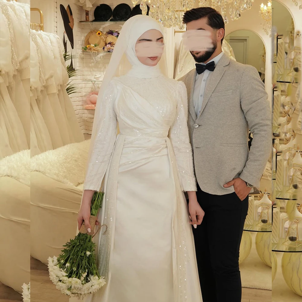 

Luxury Muslim Wedding Dresses for Bride High Neck Long Sleeves Mermaid Sweep Train Sequined Pleat Bridal Gowns Customized