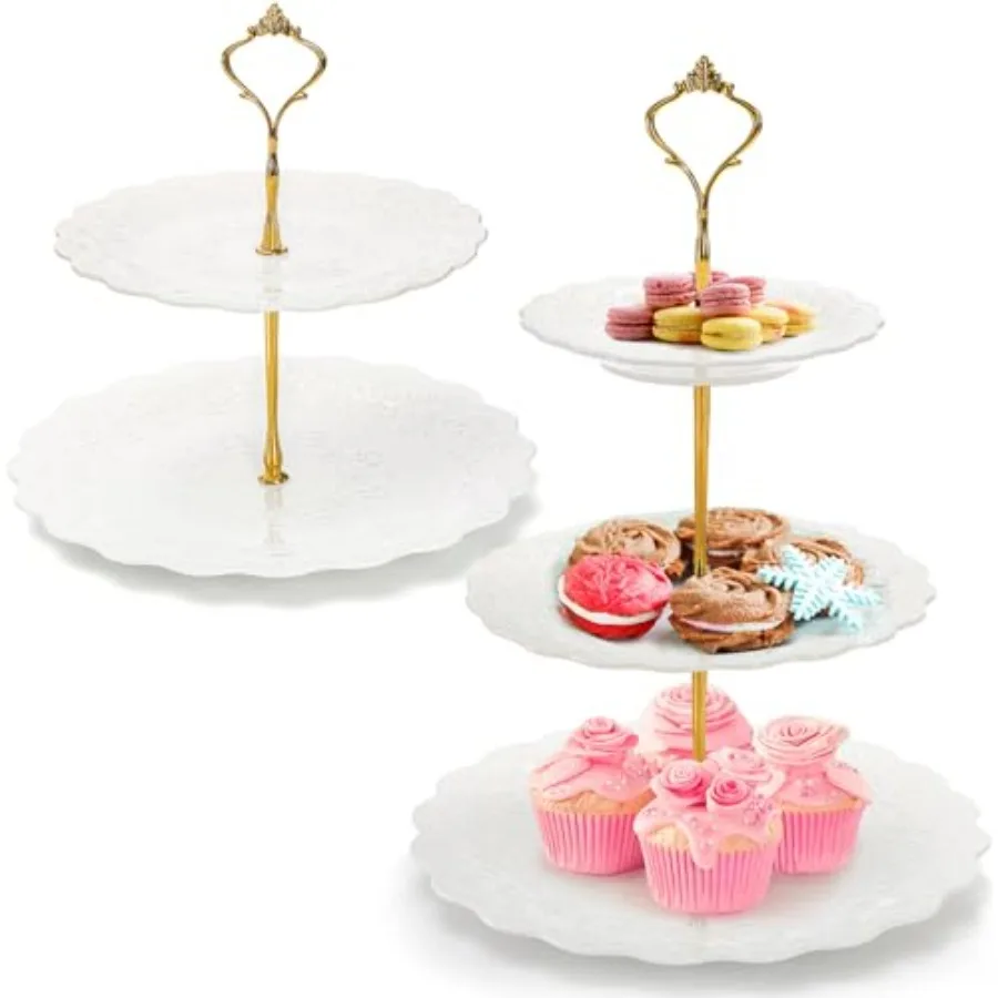 

Set of 2 Porcelain Tiered Cupcake Stand White Embossed Dessert Stand with Gold Rod 3 Tiers and 2 Tiers Serving Trays for Tea Pa