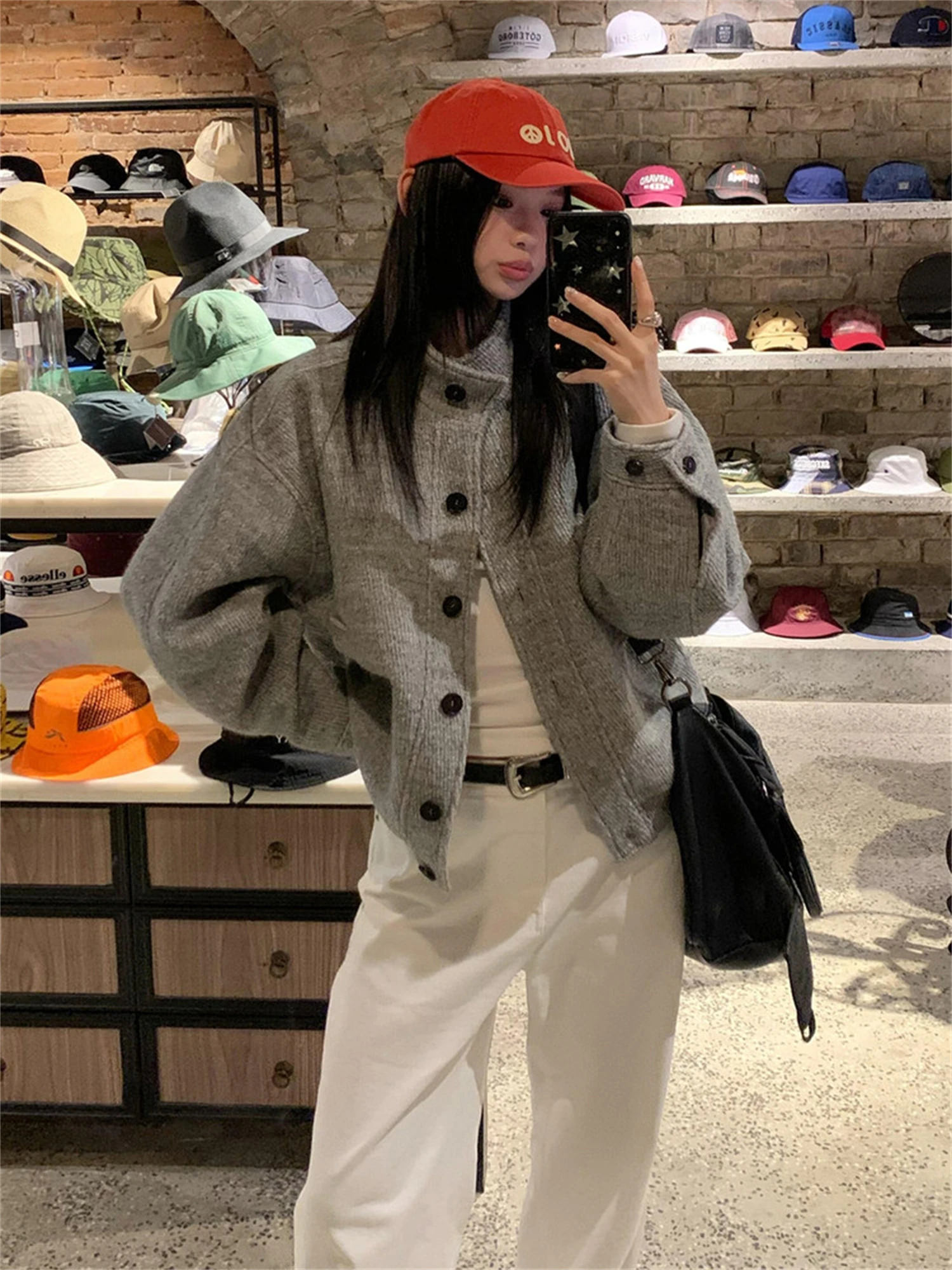 Vintage Gray Stand Collar Knit Jacket Women Single Breasted Loose Short Bomber Coat Fall Casual Streetwear Outerwear