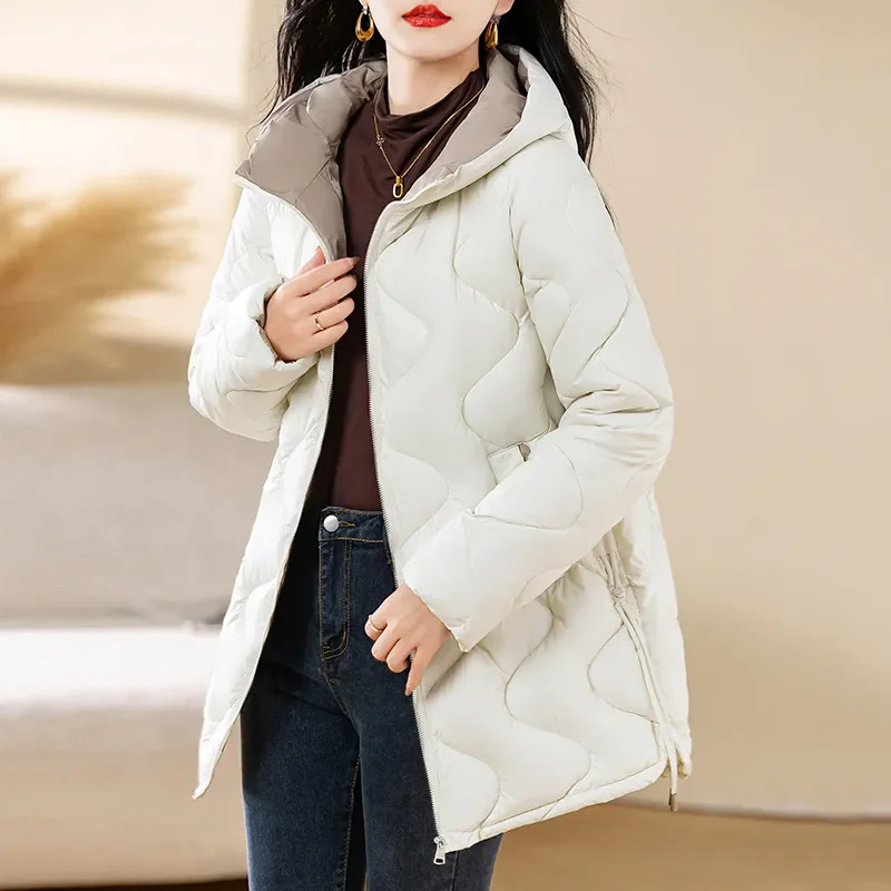 Mid-Length Down Padded Jacket Women New Winter Parkas Korean Hooded Zipper Thick Wwarm Cotton Coat Female Loose Overcoat B567