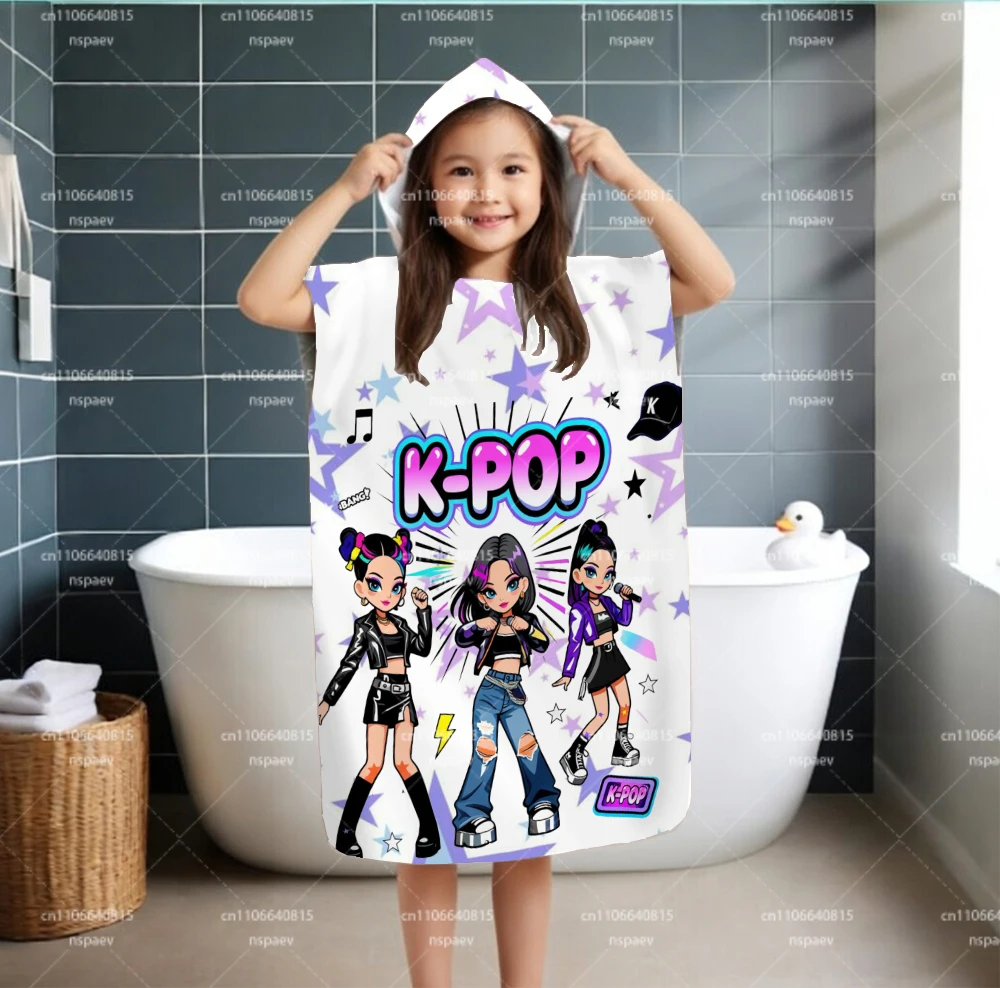 Kids & Adults K-POP Hooded bathrobe, Cartoon Girl Beach Poncho, Soft Absorbent Swim Wrap, Gift for Kpop Fans, Flat Print