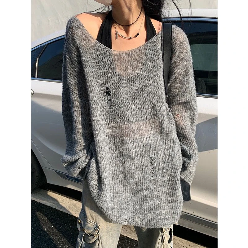 

Streetwear Frayed Loose Pullovers for Women Medium Stretch Long Sleeves Lazy Style Knitted Sweater with Hollow Holes Soft Cozy