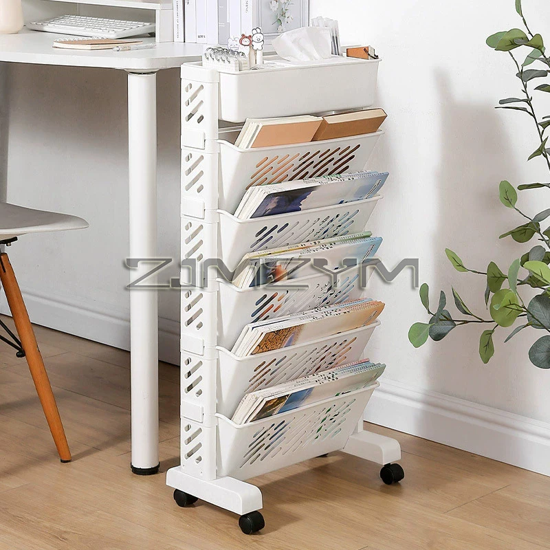 Floor Mounted Movable Bookshelf with Wheels Classroom Desk Storage Rack Study Large Capacity Multi-layer Book Storage Rack