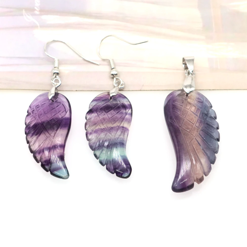 

Angel Wing Earrings Pendant Set Natural Gems Amethyst Rose Quartz Healing Crystals Fashion Party Charm Jewelry Accessory Gift