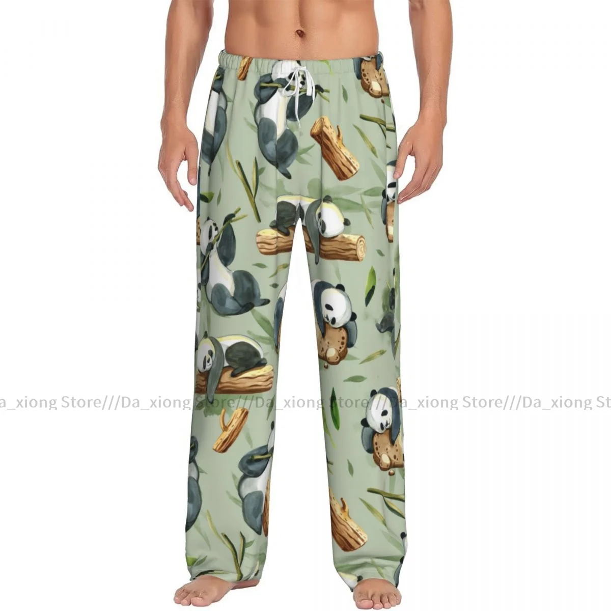 Men's Sleepwear Loose Sleep Pants Pajamas Panda With Stone Green Splash And Leaves Long Lounge Bottoms Casual Homewear