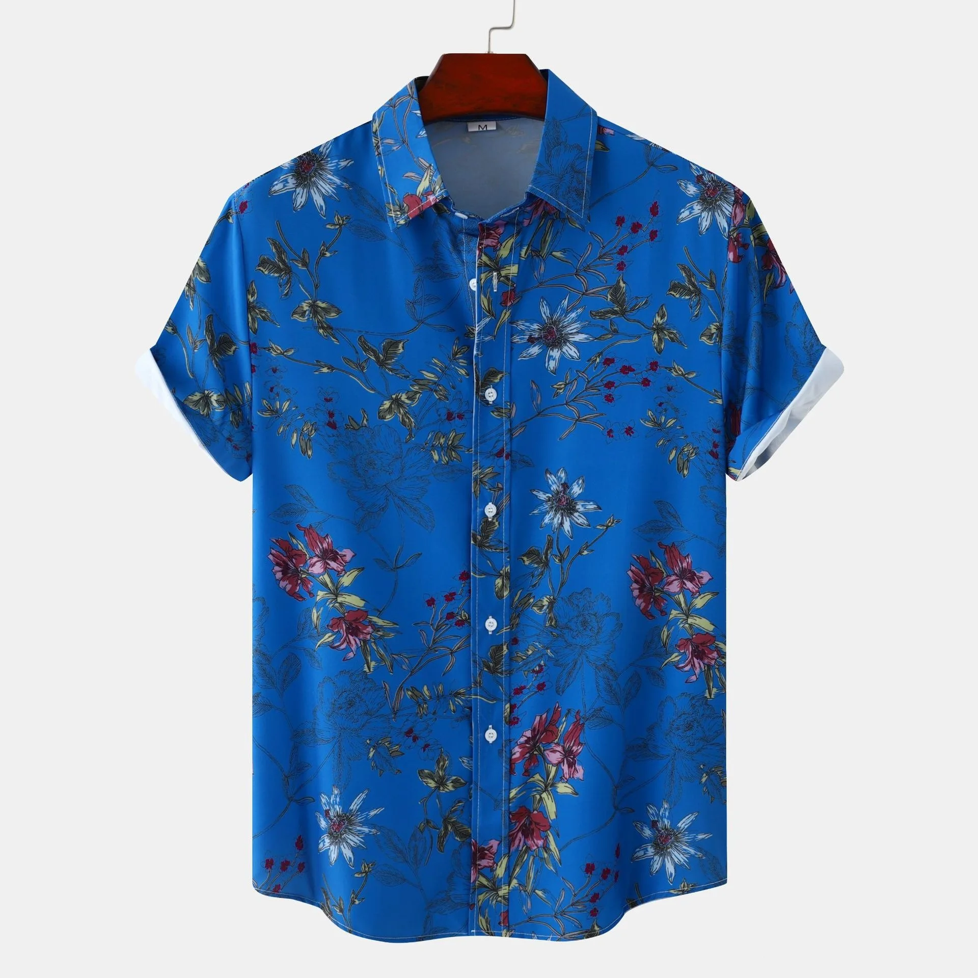 Retro Hand-painted Full Print Flower Short Sleeved Shirt for Men Quick Drying Breathable Youth, Hawaiian Lapel Top
