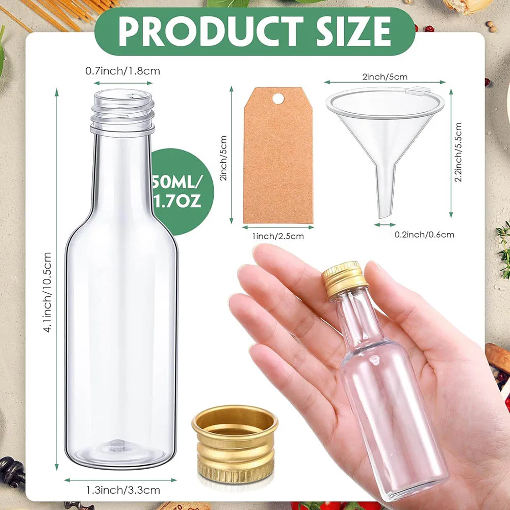 1.7oz Plastic Spirit Bottles Mini Liquor Bottles Set, Mini Plastic Alcohol Shot Bottles with Caps, Funnels, Kraft Tags for Party