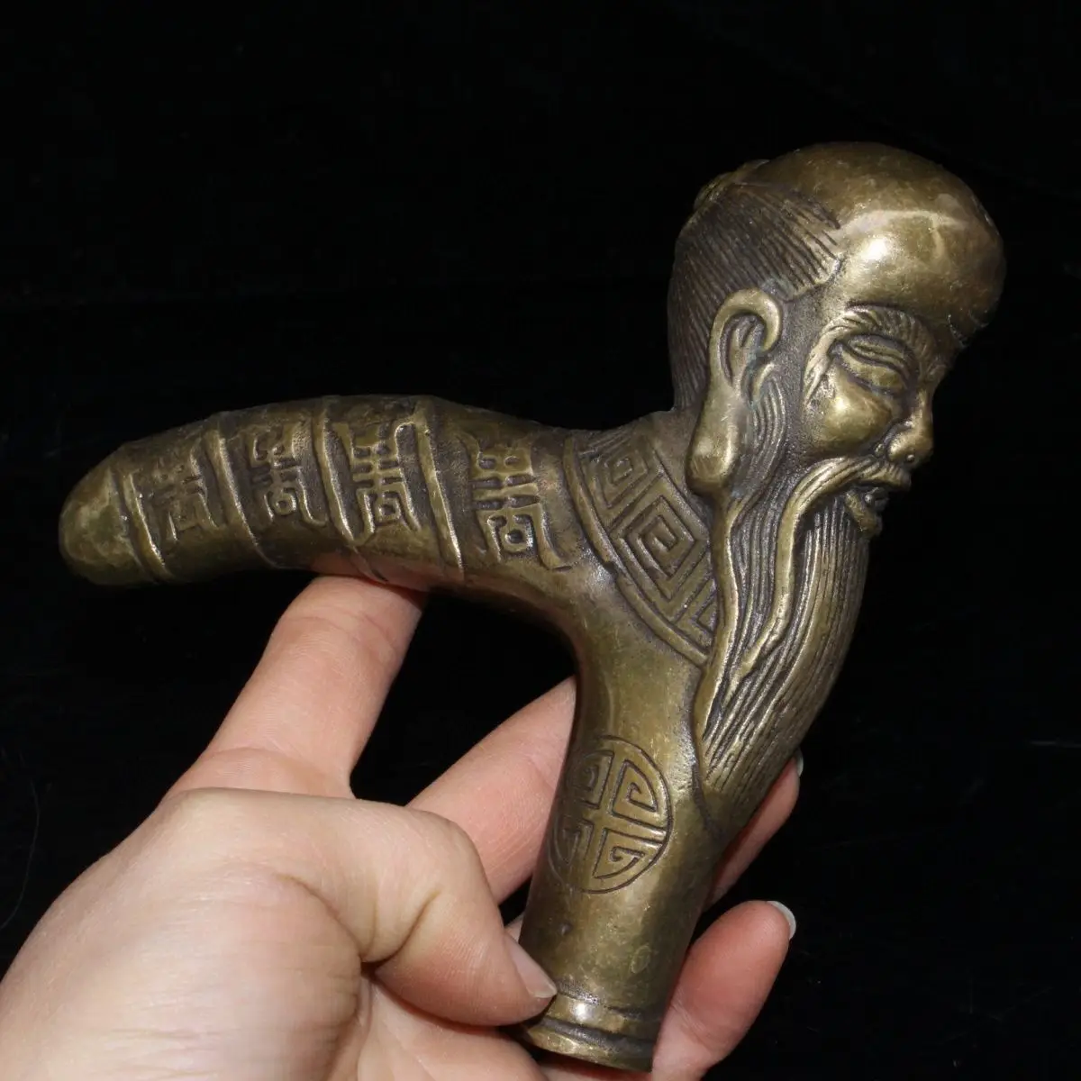 Antique Solid Brass Shouxing Cane Head Vintage Hand Carved Longevity Star Walking Stick Handle Chinese Curio Collectible