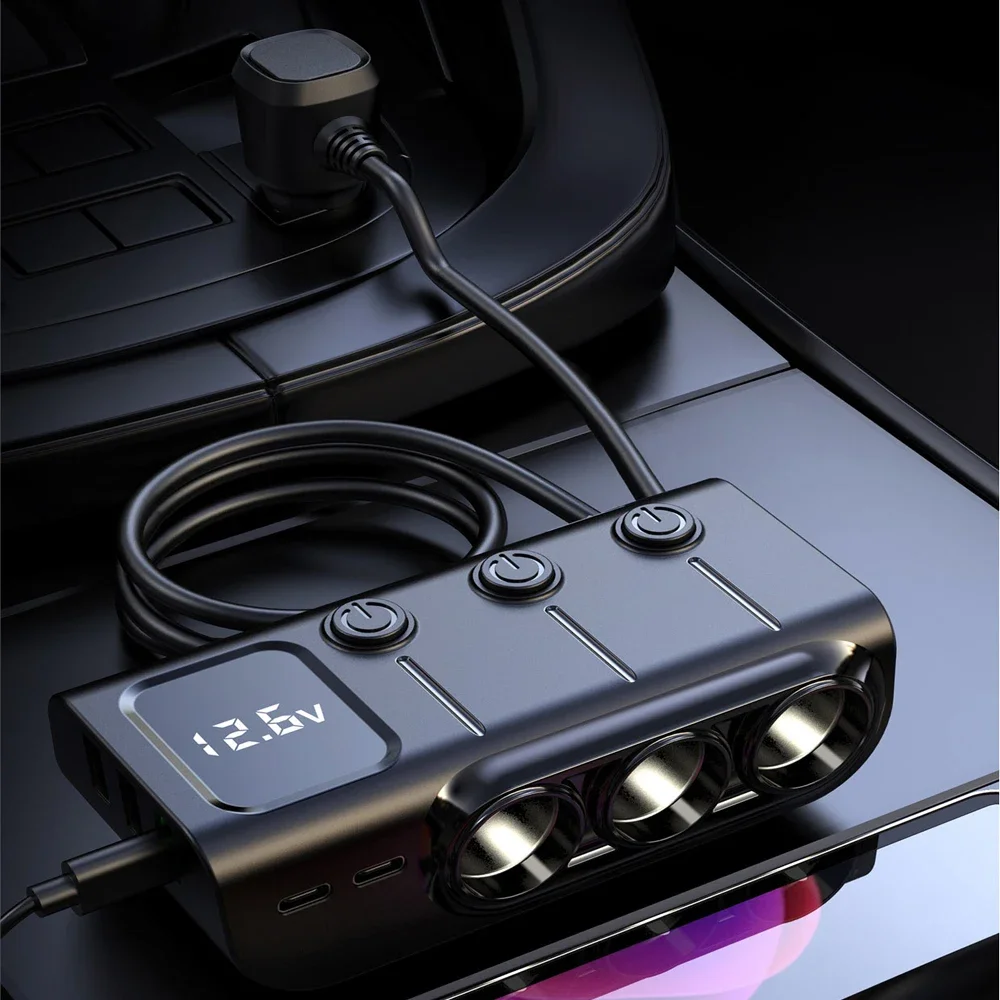 

GC01 Автомобильный телефон, зарядное устройство 120 Вт, один буксир, три прикуривателя, USB-порт, расширение PD, быстрая зарядка, дисплей напряжения 36 Вт