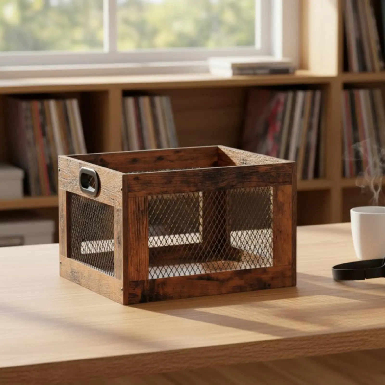 

Music Storage Crate with Handle Vinyl Music Organizer Vinyl Organizer Retro Look Wooden Storage Basket Mesh Side Panels